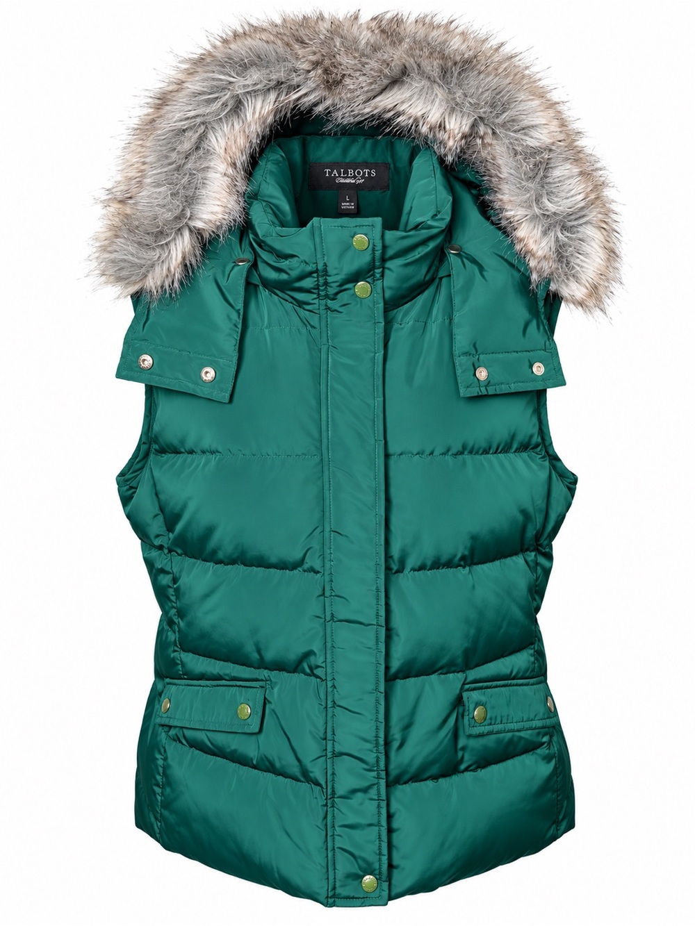 Talbots L Emerald Green Down Puffer Vest Faux Fur Hood Gorpcore Preppy Winter